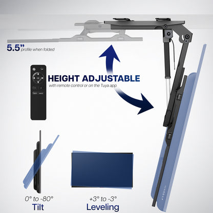 An adjustable ceiling TV mount shown on a light gray background with text and arrows explaining height adjustment, tilt, and leveling. The product includes a black arm structure, a blue mounting bracket, a remote control, and a monitor screen inset.