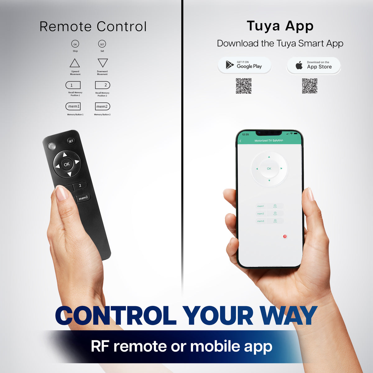 Promotional graphic showing a hand holding a black RF remote control on the left and a hand holding a smartphone displaying the Tuya Smart App on the right, with text reading 'Remote Control,' 'Tuya App,' 'CONTROL YOUR WAY,' and 'RF remote or mobile app.'.