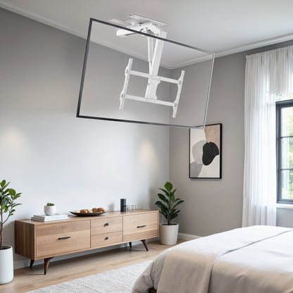 Modern bedroom with wooden dresser, bed, and ceiling-mounted TV
