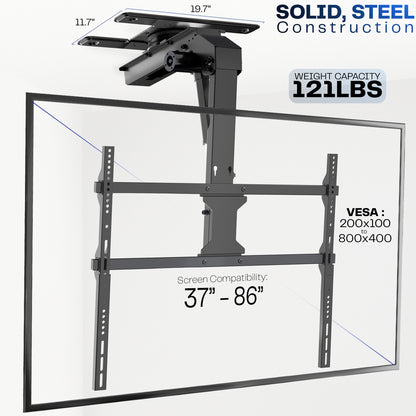 Electric Flip Down / Swivel Ceiling Mount for 37” to 86” TVs with specifications on a white background