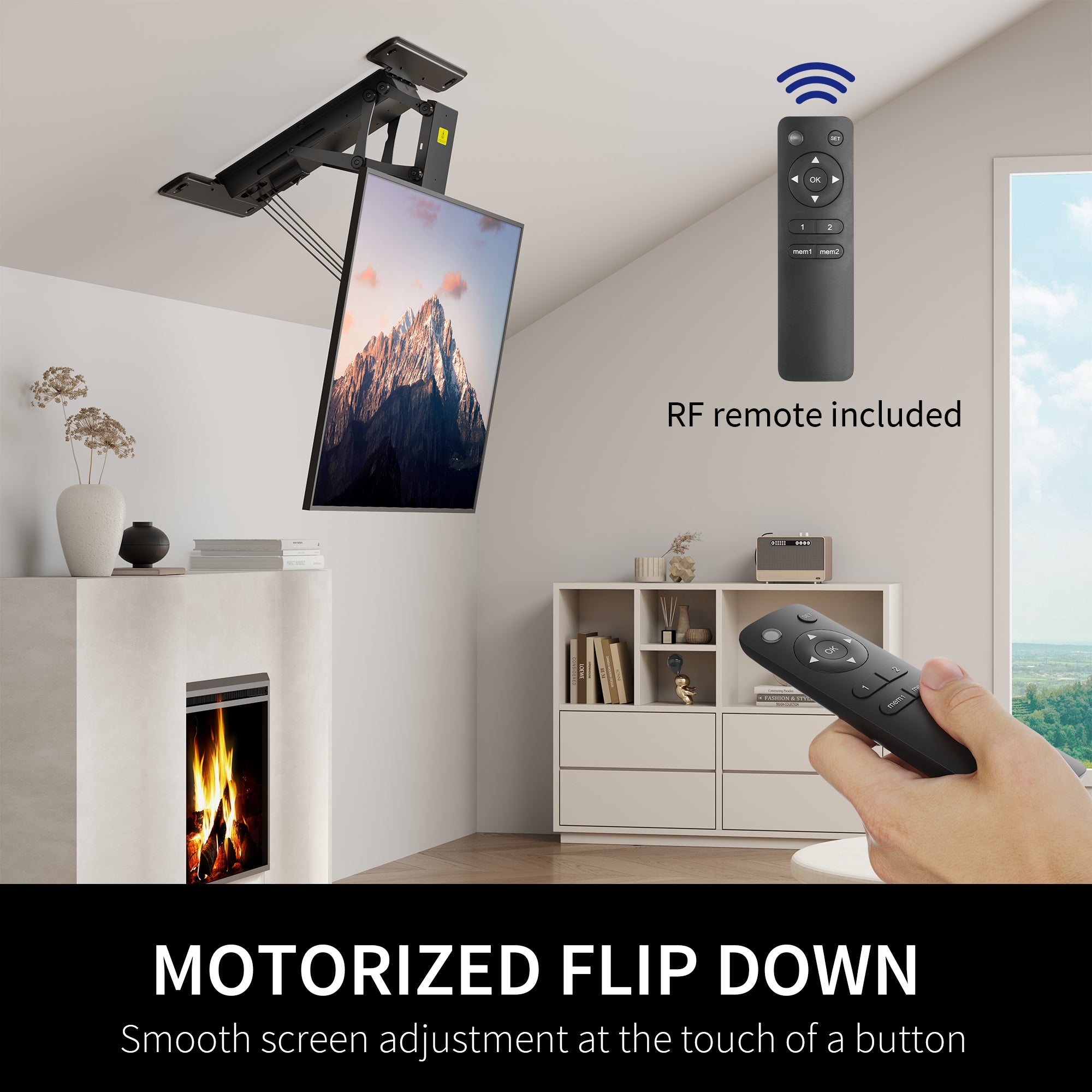 Electric Flip Down Ceiling TV Mount holds large TV's and features dual motors for effortless adjustment.