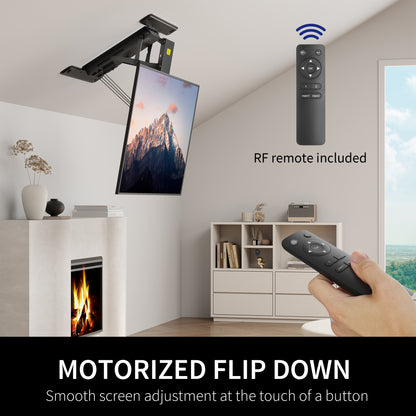 Electric Flip Down Ceiling TV Mount holds large TV's and features dual motors for effortless adjustment.