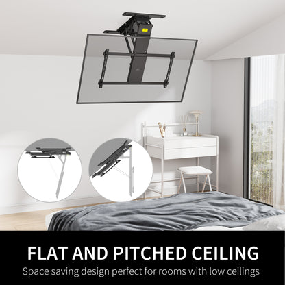 Electric Flip Down Ceiling TV Mount holds large TV's and features dual motors for effortless adjustment.