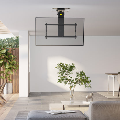 Electric Flip Down Ceiling TV Mount holds large TV's and features dual motors for effortless adjustment.