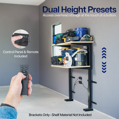 Dual Height presets for Height Adjustable Electric Shelf Mount for Garage and Workbench with Remote