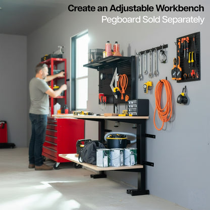 Garage setup with adjustable workbench, tools, and storage solutions.