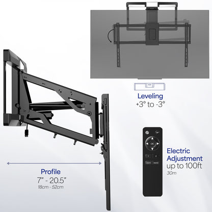 Large adjustable electric TV wall mount for screens up to 90 inches featuring swivel and remote controlled motorized height adjustment.