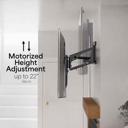 Large adjustable electric TV wall mount for screens up to 90 inches featuring swivel and remote controlled motorized height adjustment.