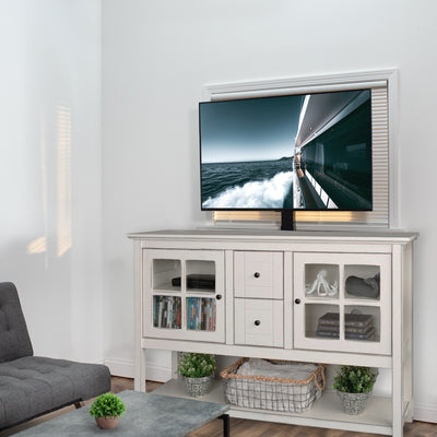 Electric TV stand with powerful lift and remote control.