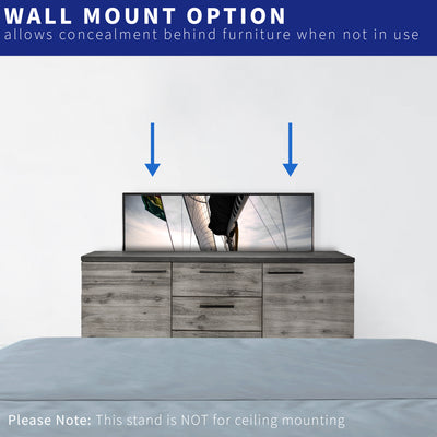 TV stand with wall mount option. Not made for ceiling mounting.