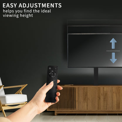 A motorized TV stand in black color with a remote control and text.