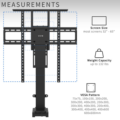 TV mount with dimensions and specifications on a white background