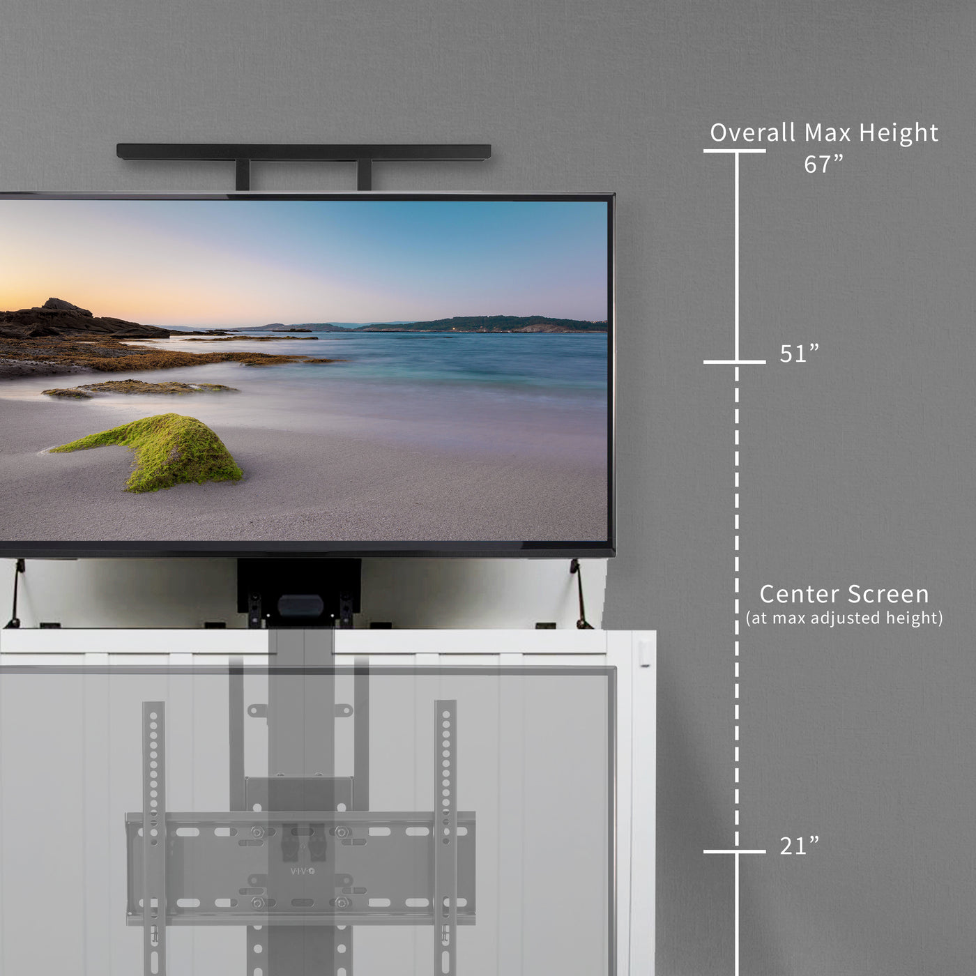 Motorized TV Stand with Remote Control has smooth height adjustment.