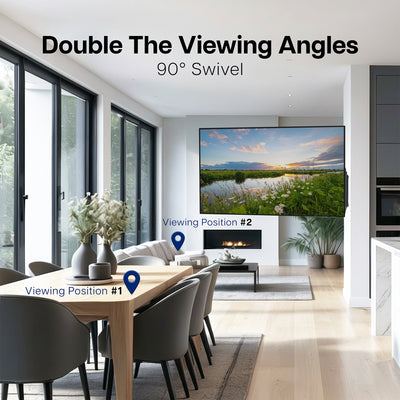Living room with a large TV displaying a scenic view, showing two viewing angles.