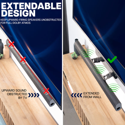 Extendable design feature for upward-firing speakers with a TV in the background.