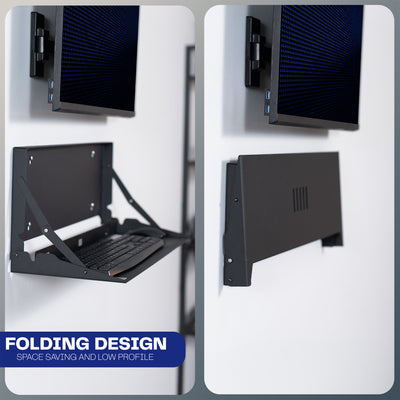 Wall-mounted flip down keyboard tray platform. Low profile design folds up and out of the way when not in use. Velcro included to keep keyboard in place. Fits a standard-sized keyboard and mouse (mouse pad included). Mount to drywall, wood studs, brick, or concrete.