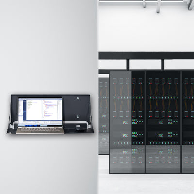 Wall-mounted flip down keyboard tray platform. Low profile design folds up and out of the way when not in use. Velcro included to keep keyboard in place. Fits a standard-sized keyboard and mouse (mouse pad included). Mount to drywall, wood studs, brick, or concrete.
