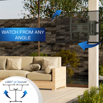 Outdoor TV mount system with a view of a patio and garden.