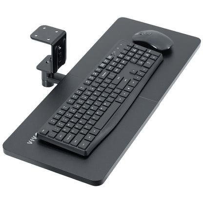 Low-profile under desk keyboard tray with 360-degree rotation.