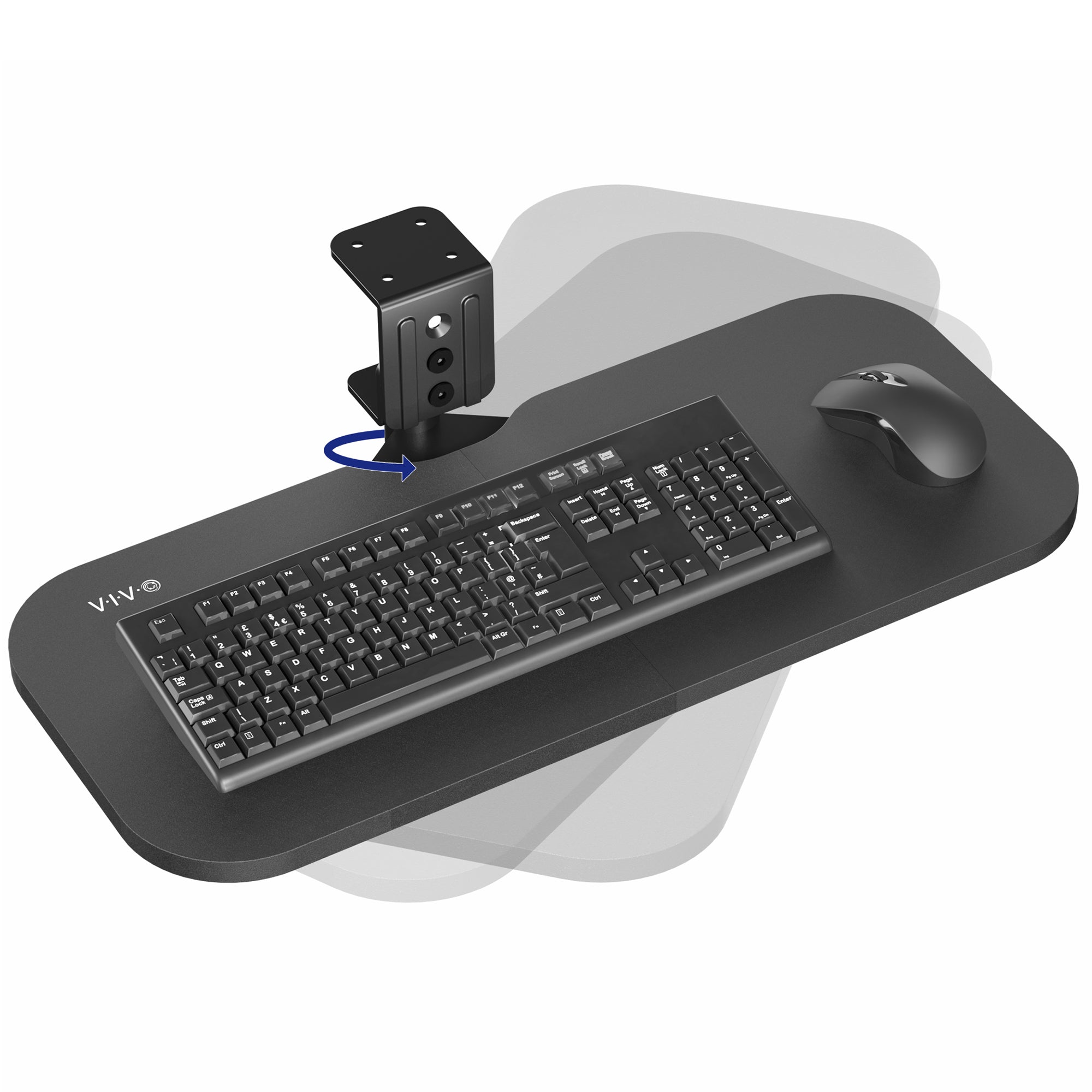 Keyboard tray with keyboard and mouse on a white background.