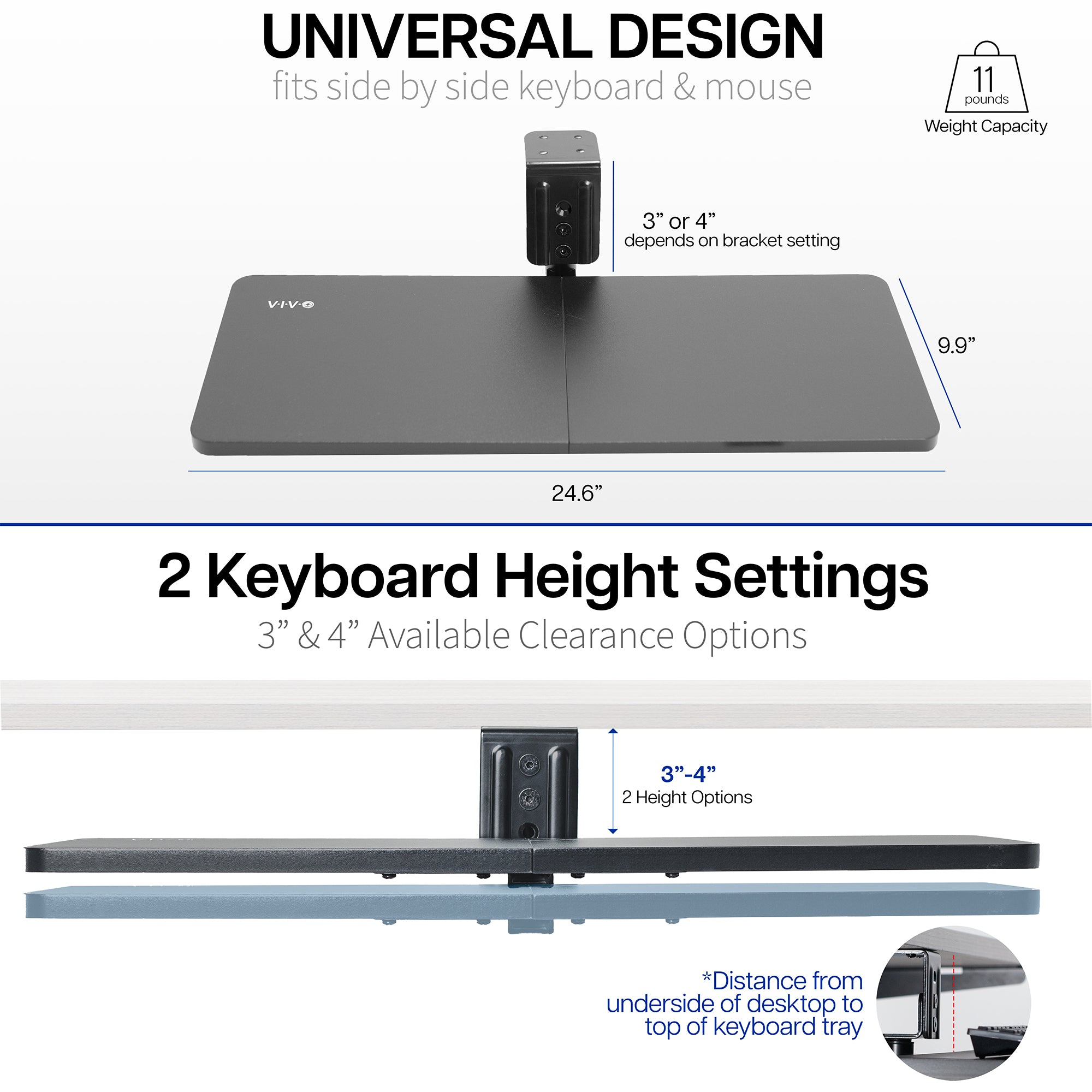 Low-profile under desk keyboard tray with 360-degree rotation.