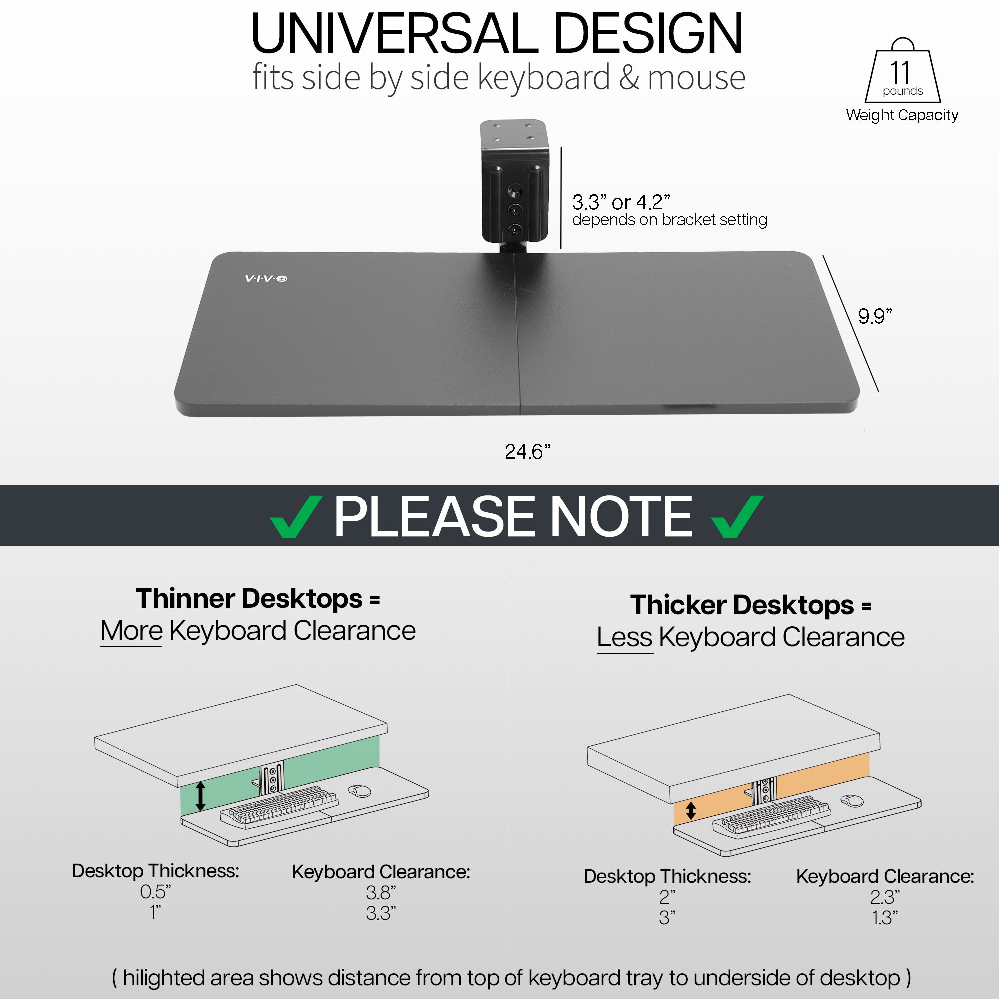 Low-profile under desk keyboard tray with 360-degree rotation.