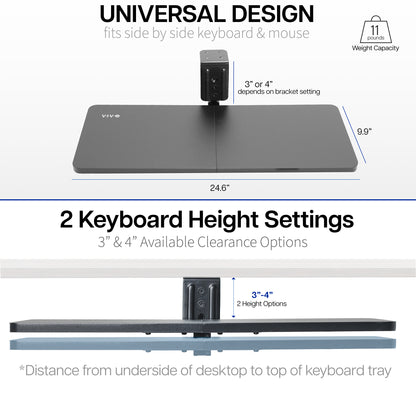 Low-profile under desk keyboard tray with 360-degree rotation.