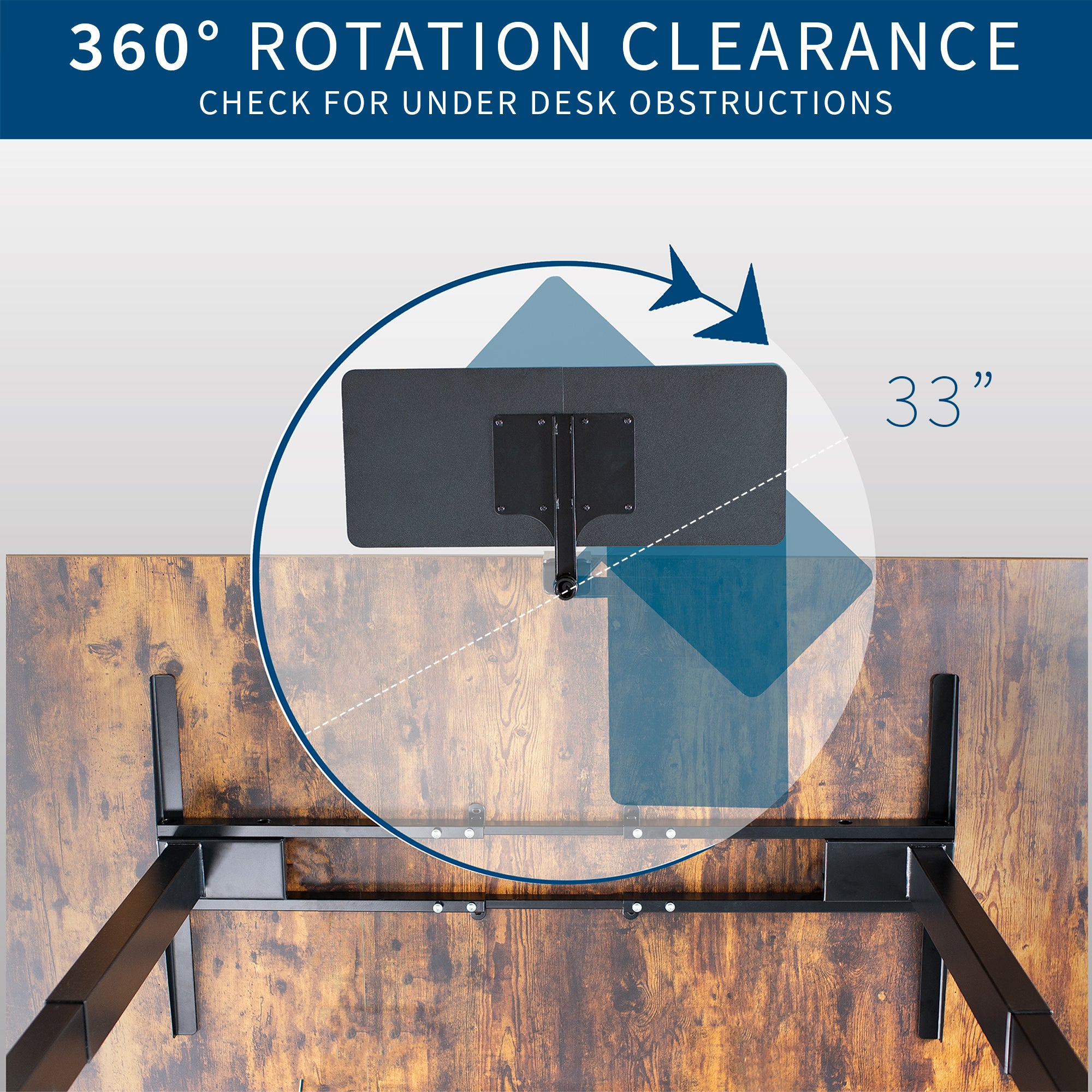 Low-profile under desk keyboard tray with 360-degree rotation.