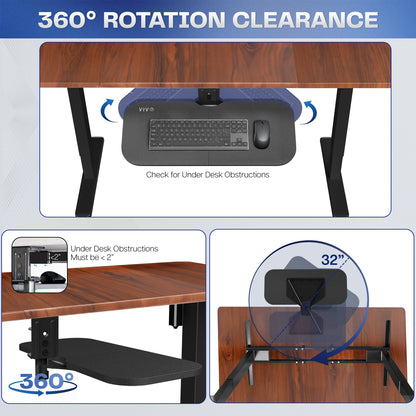 Wooden desk with keyboard tray and 360-degree rotation feature, showing under-desk clearance.