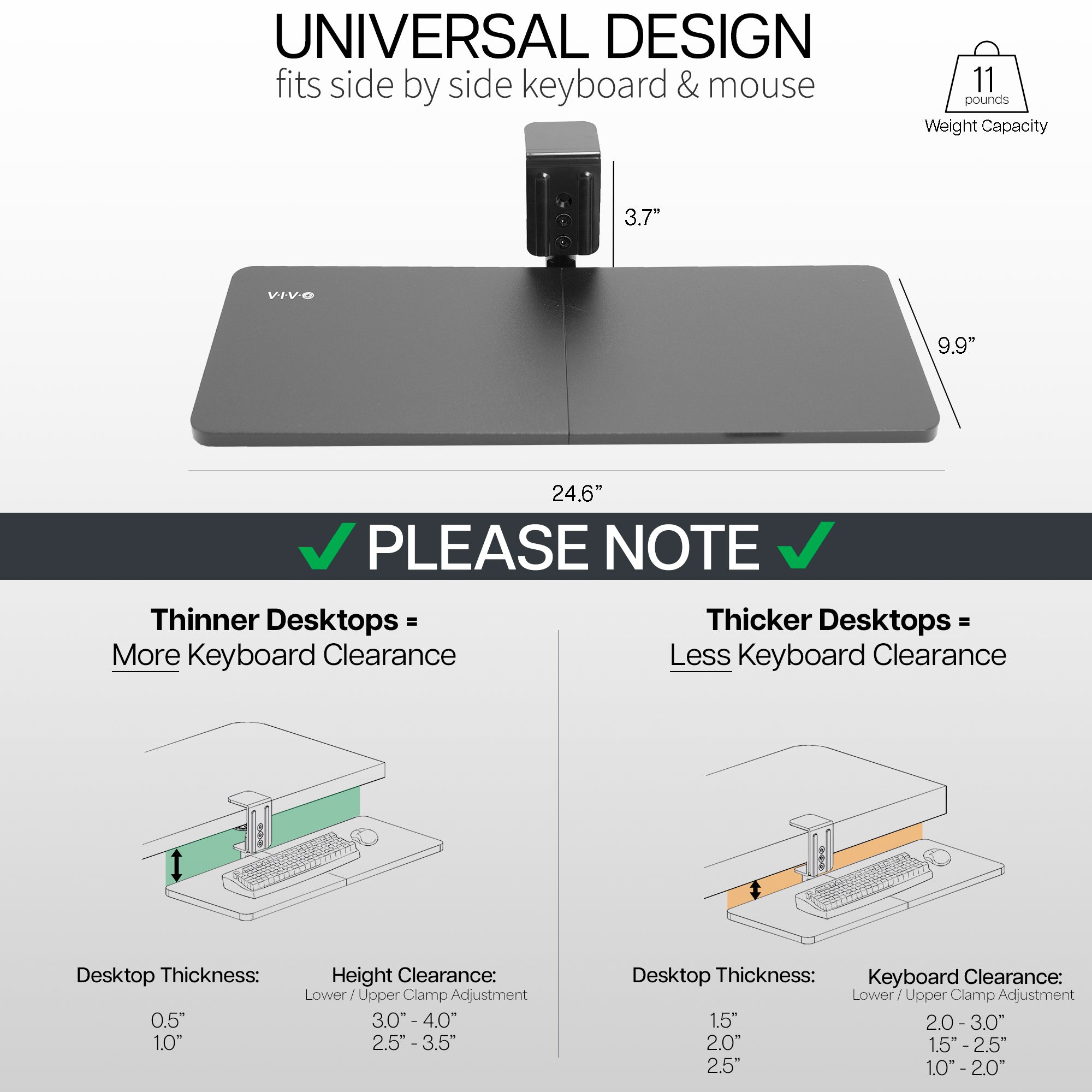 Clamp-on Rotating Computer Keyboard and Mouse Tray, Swiveling 25 x 10 inch Platform with Extra Sturdy Single Desk Clamp, Ergonomic Typing