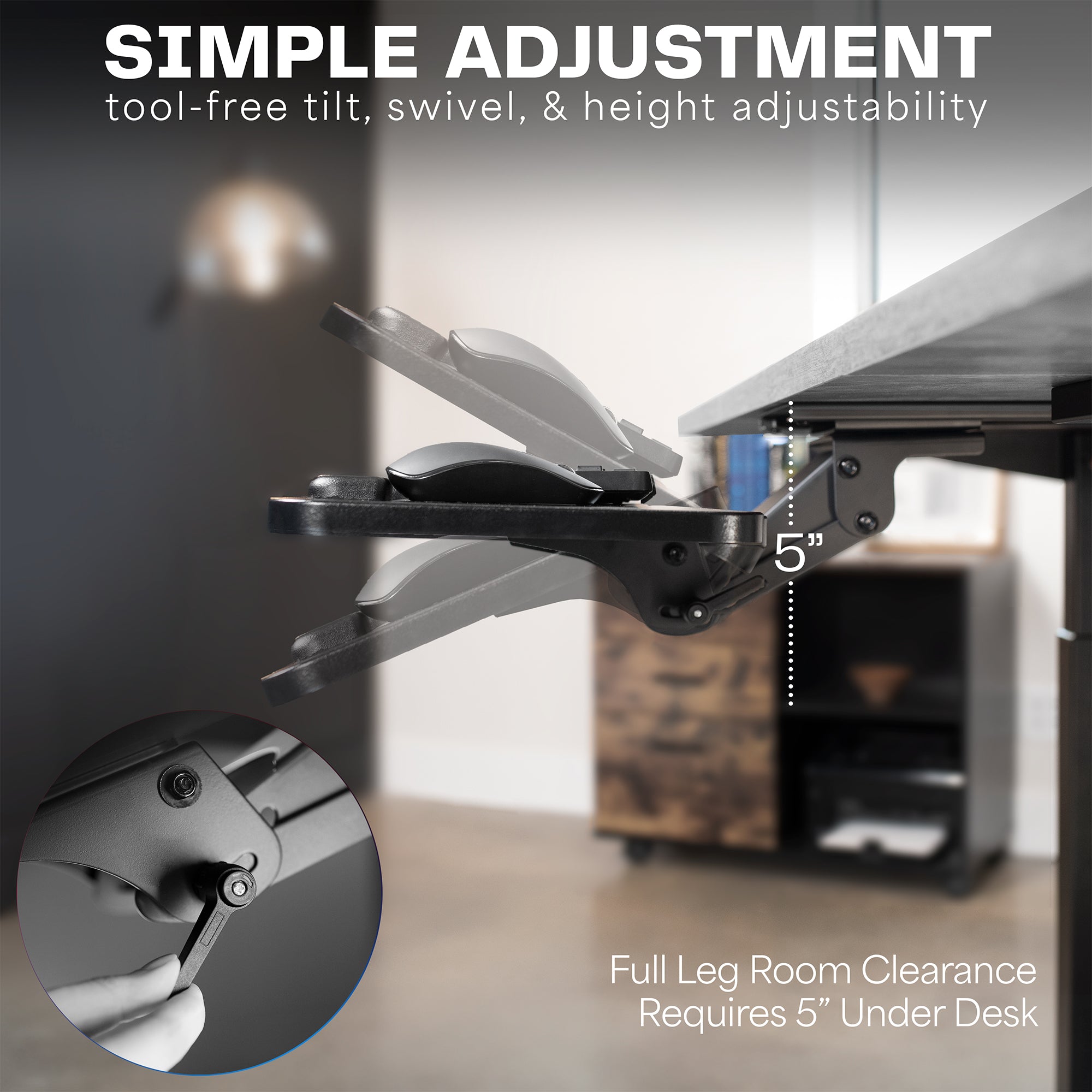 Ergonomic under desk keyboard tray mount with comfortable tilting angles for typing.