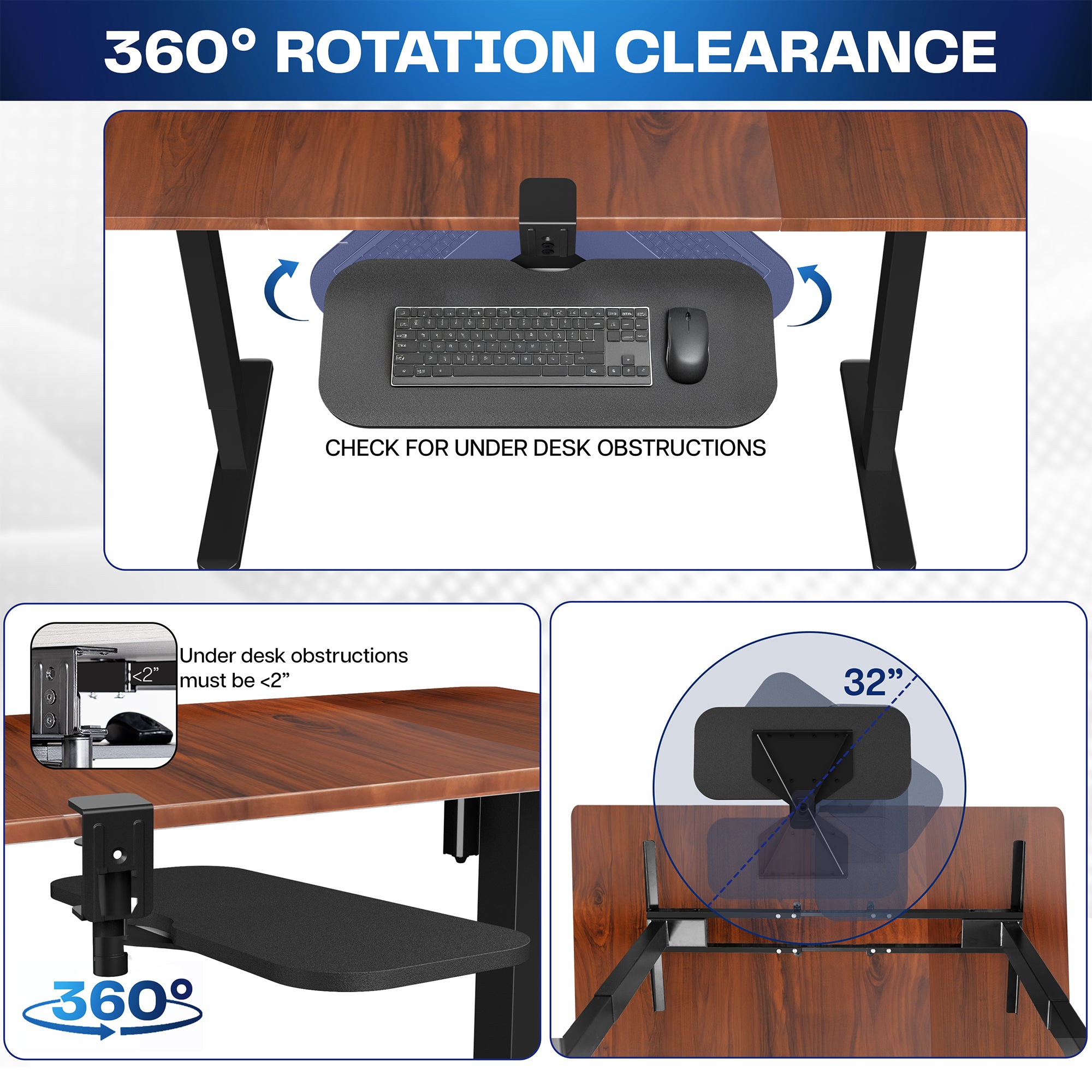 Single Clamp Rotating Keyboard Tray