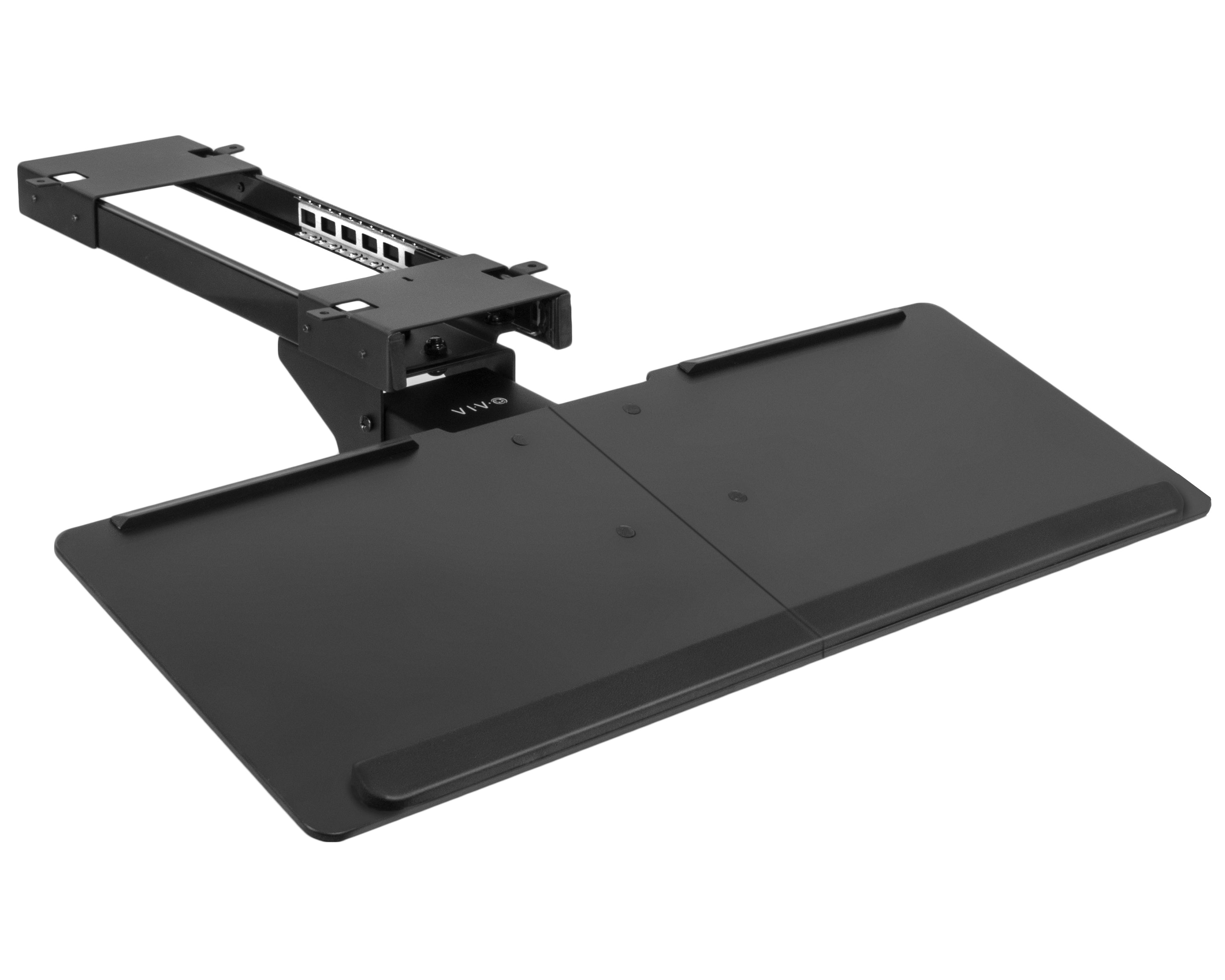 Black adjustable keyboard tray on a white background