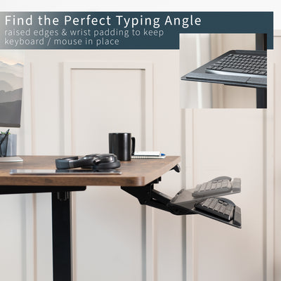 Keyboard tray attached to a desk with text highlighting its features.