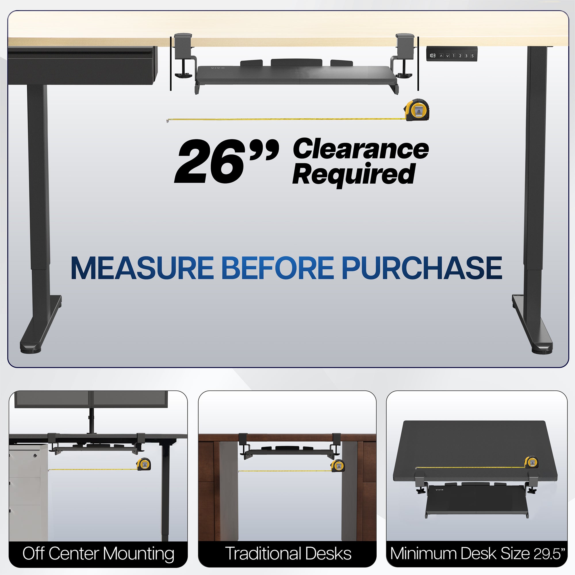 Compact clamp-on pullout keyboard tray.