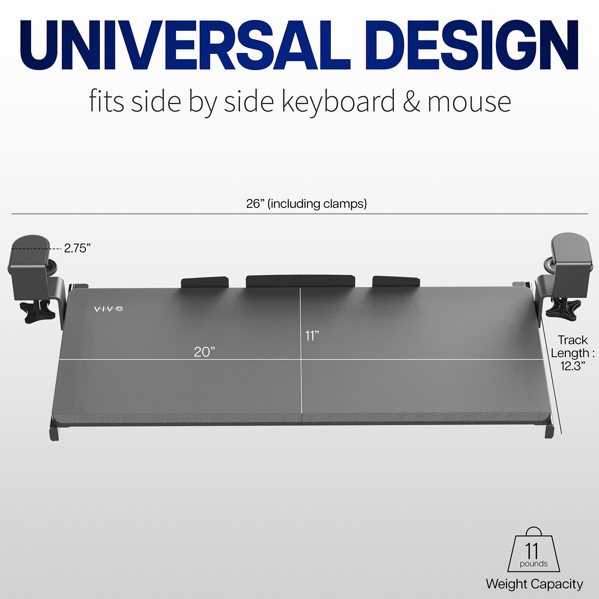 Compact clamp-on pullout keyboard tray.