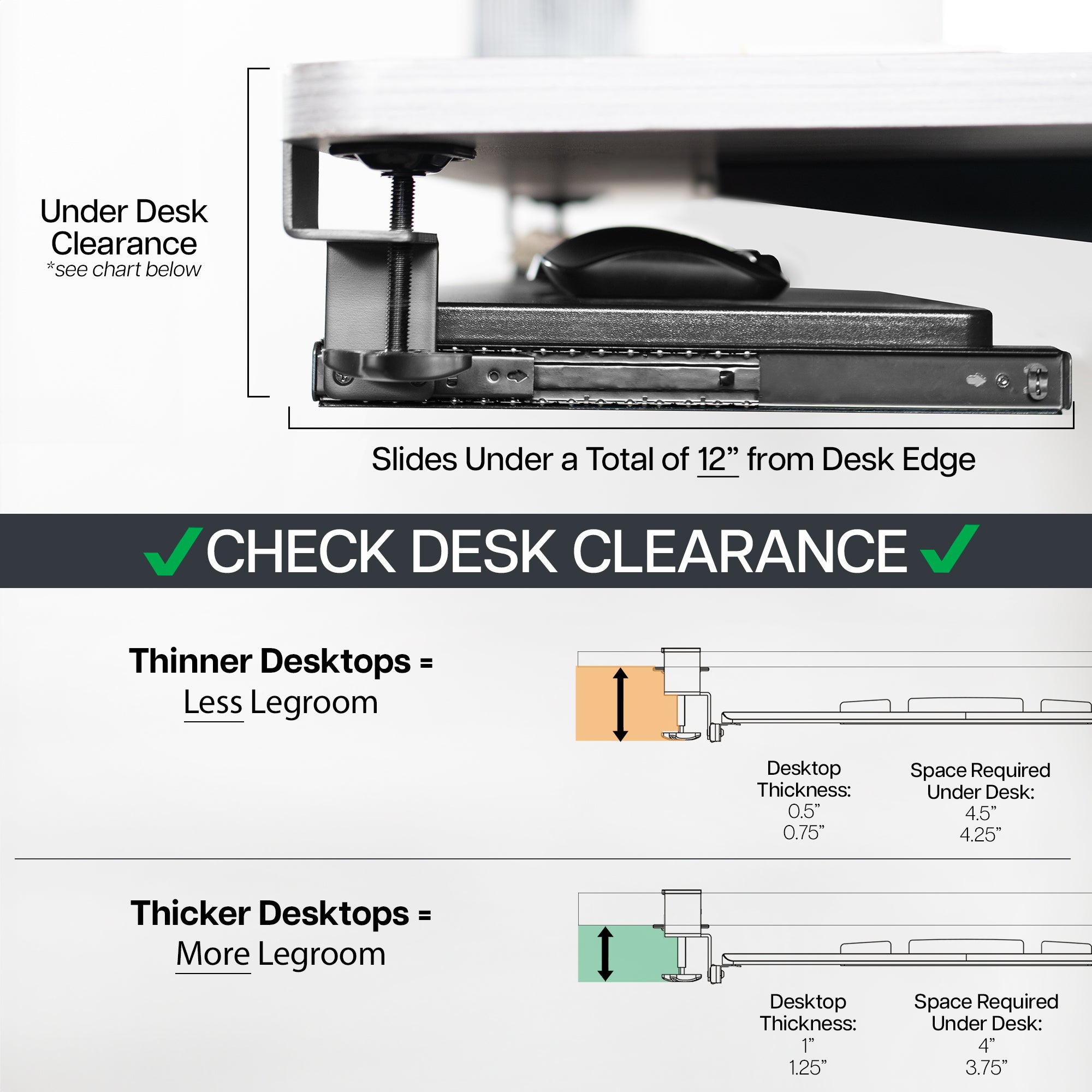 Compact clamp-on pullout keyboard tray.