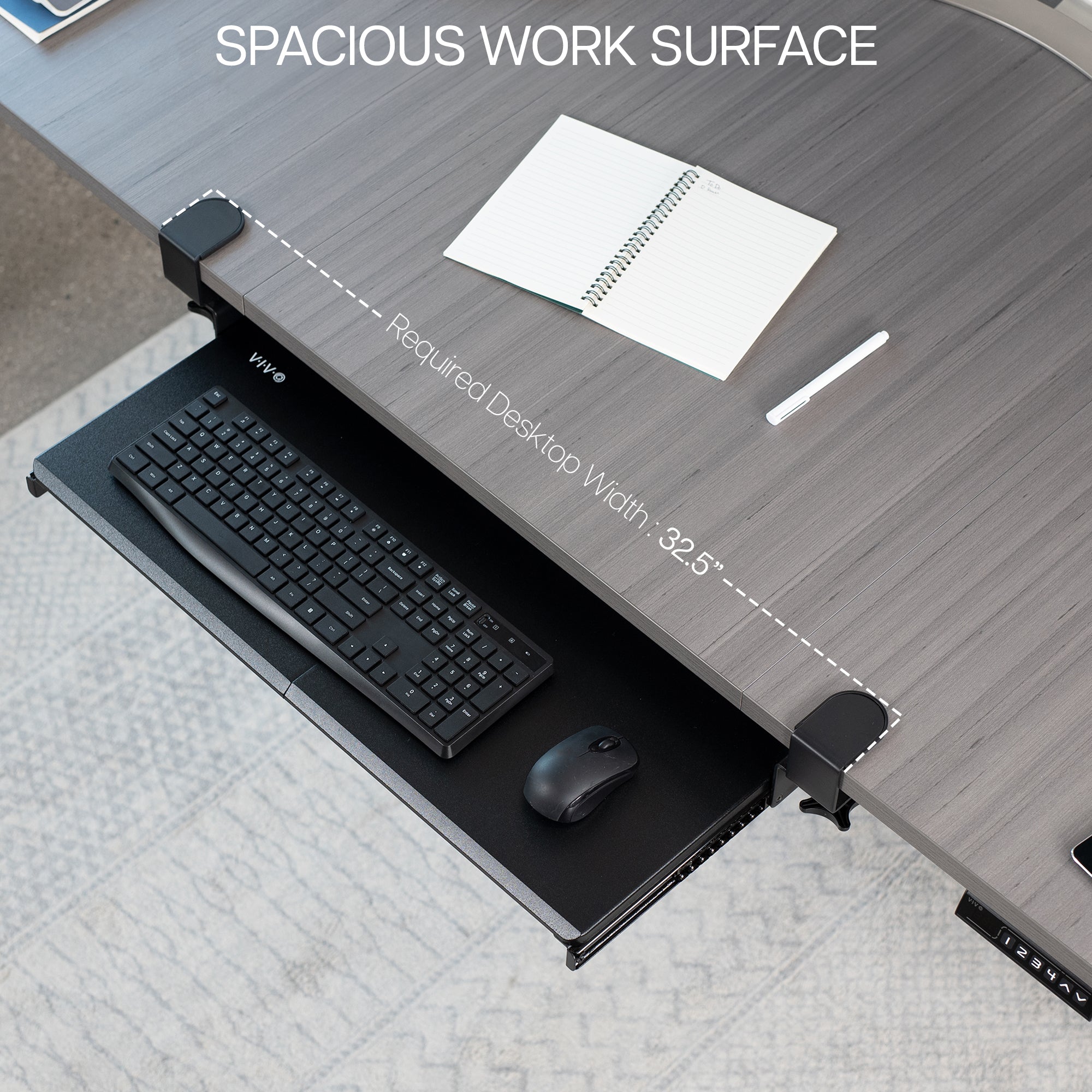 Under desk solid steel sliding keyboard tray.