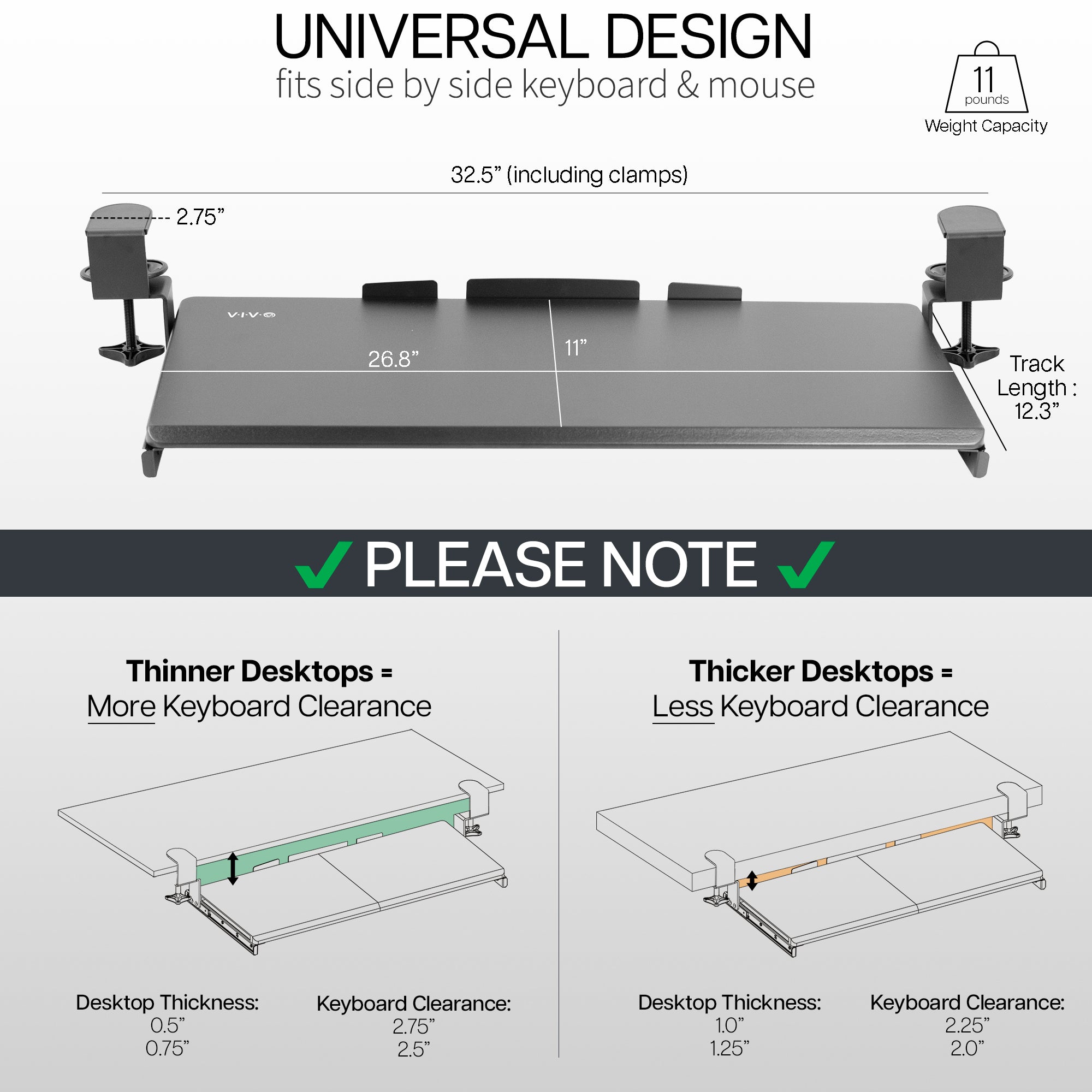 Sleek design with C-clamps and sliding tray for a clean and tidy workstation.