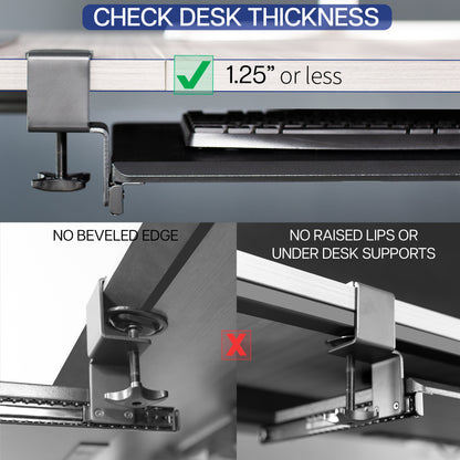 Sleek design with C-clamps and sliding tray for a clean and tidy workstation.