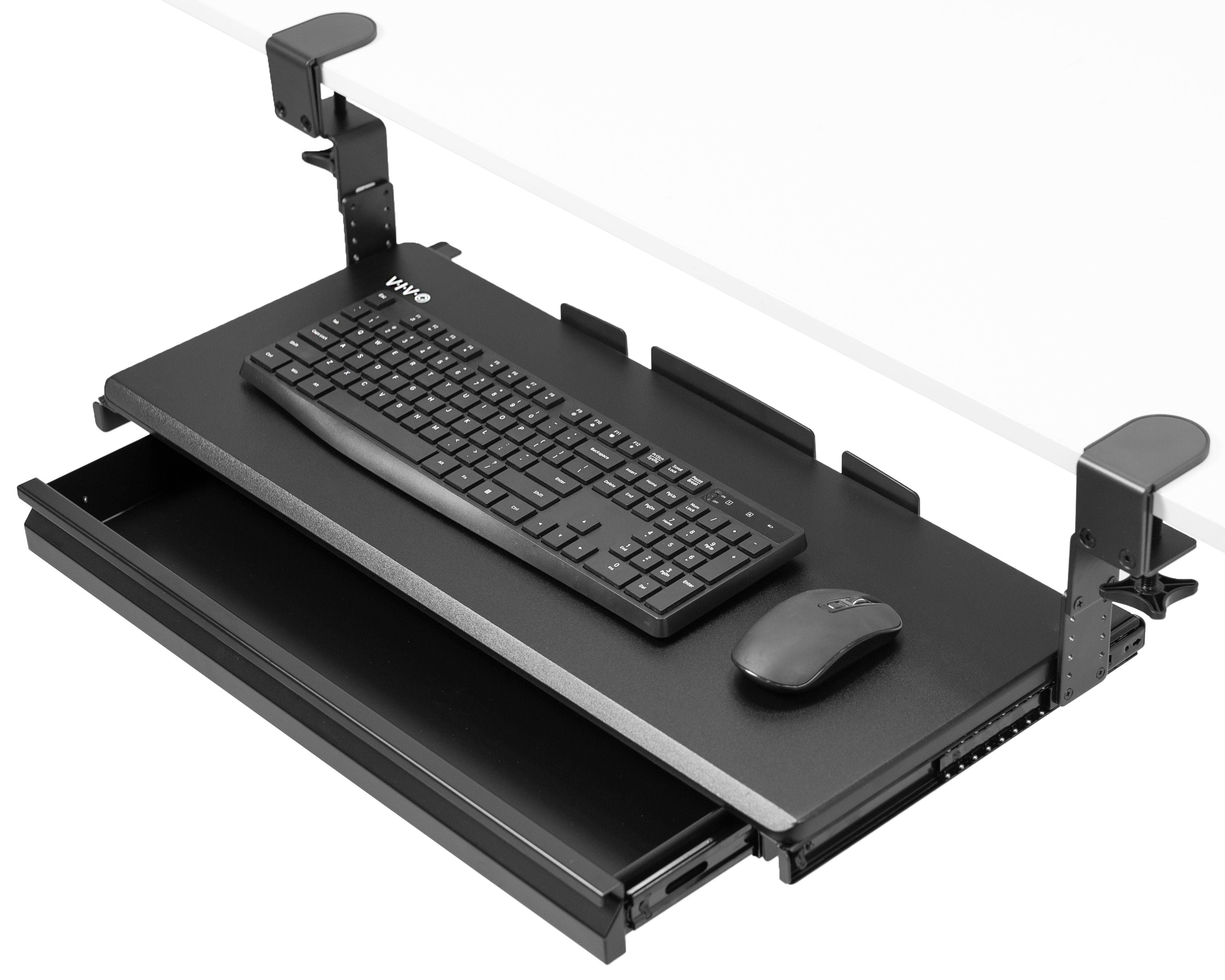 Under desk height adjustable pull-out sliding keyboard tray with storage drawer.