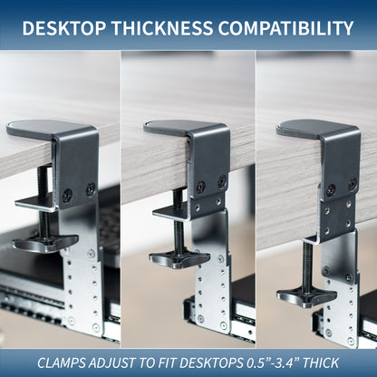 Under desk height adjustable pull-out sliding keyboard tray with storage drawer.