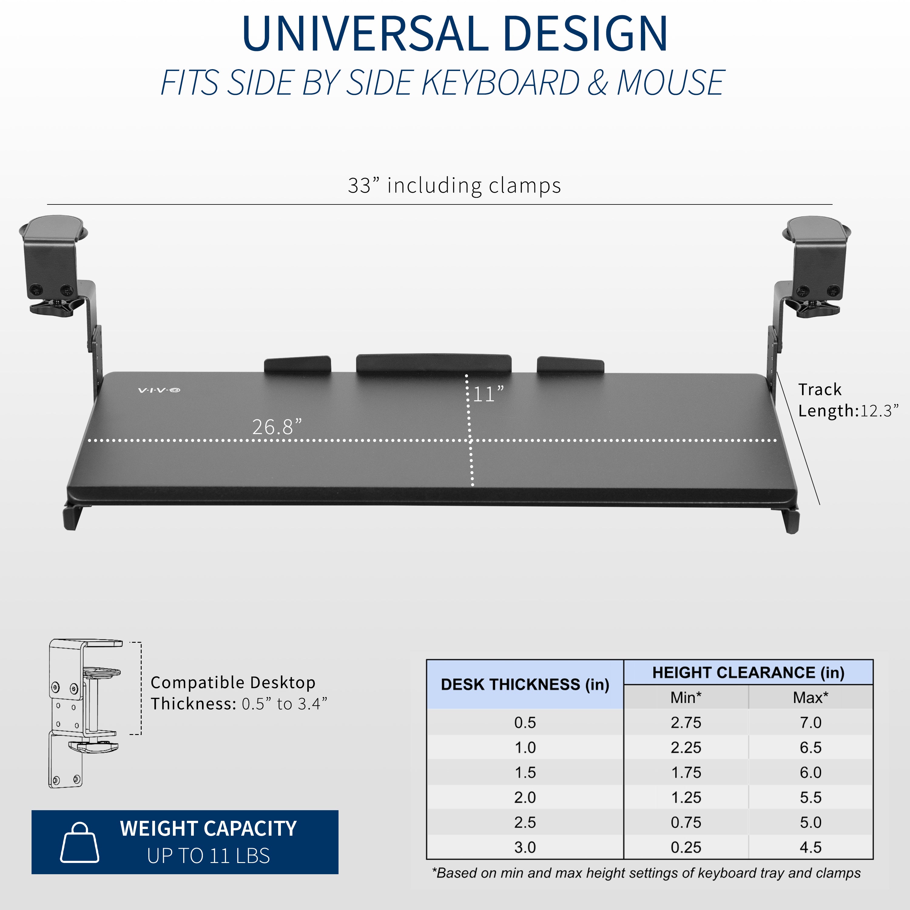 Universal design to fit most desktops on the market with calculated clearance.