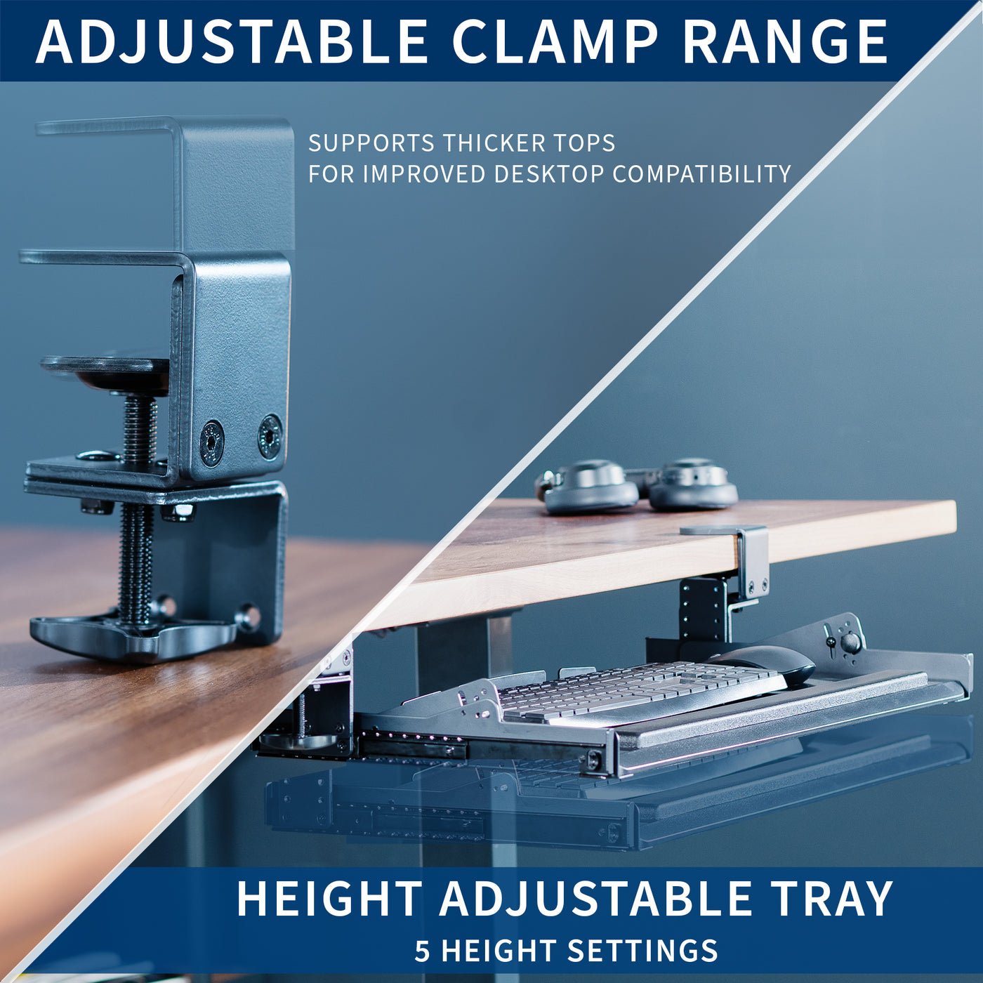 Modern pull-out clamp-on height adjustable tilting keyboard tray. Clamps can swivel to accommodate corner desk setups.
