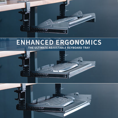 Modern pull-out clamp-on height adjustable tilting keyboard tray. Clamps can swivel to accommodate corner desk setups.