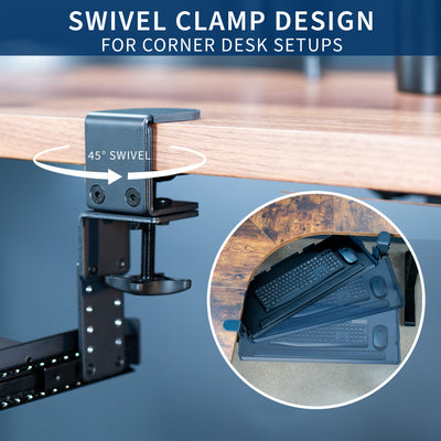 Modern pull-out clamp-on height adjustable tilting keyboard tray. Clamps can swivel to accommodate corner desk setups.