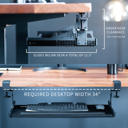 Modern pull-out clamp-on height adjustable tilting keyboard tray. Clamps can swivel to accommodate corner desk setups.