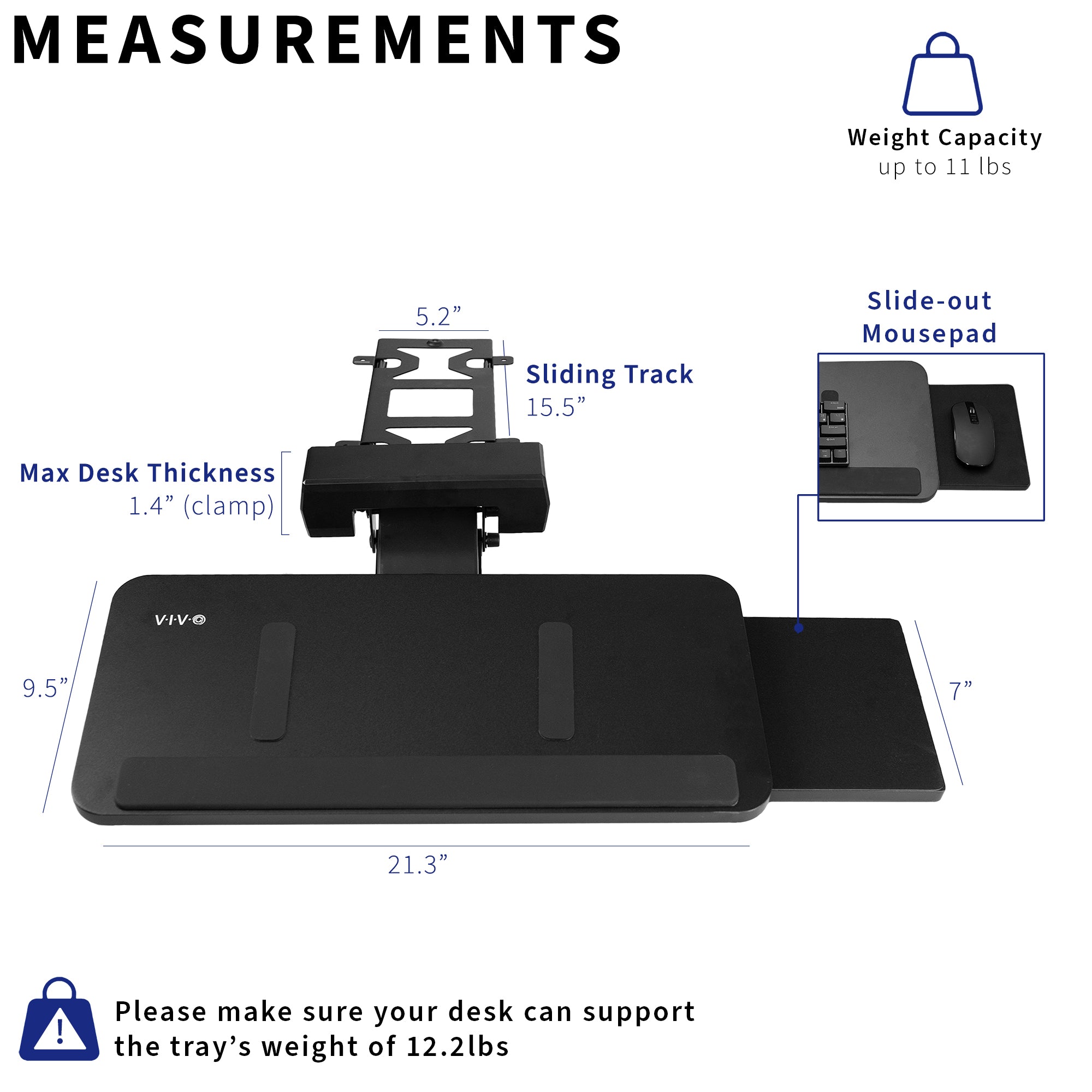 Space-saving adjustable under desk keyboard tray with mousepad extension.