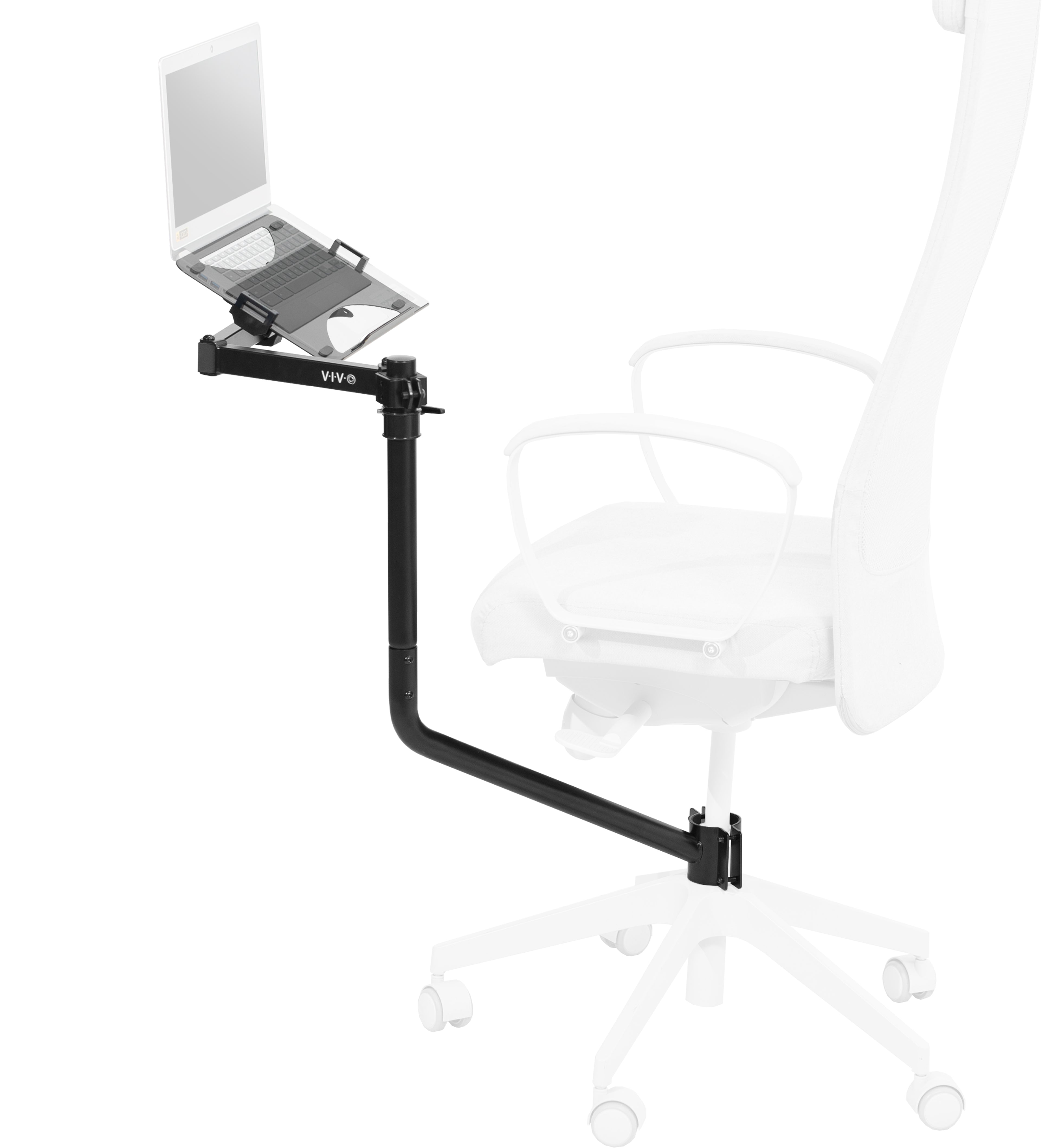 Office chair mounted laptop tray with adjustable extension arm.