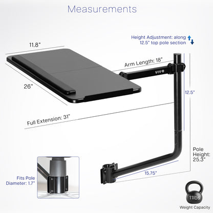 Office chair pole mounting keyboard tray with height adjustment, tilt, and rotation.